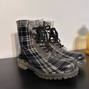 Dirty Laundry Black and Gray Plaid Lace Up Rubber Boots